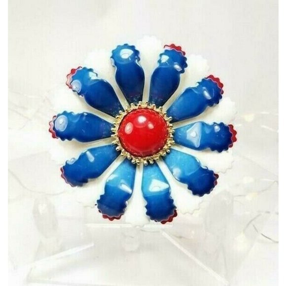 Vintage Red White Blue Enamel Flower Brooch Pin Daisy Patriotic Layered - Picture 12 of 12